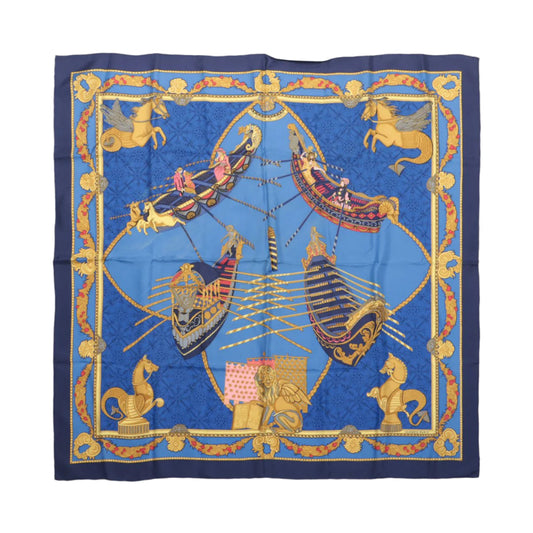 Hermès Carré 90 "LES BISSONE DE VENISE" 100% Silk Scarf in Blue