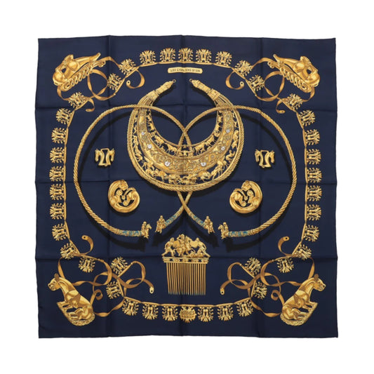Hermès Carré 90 "LES CAVALIERS D'OR" 100% Silk Scarf in Navy Blue
