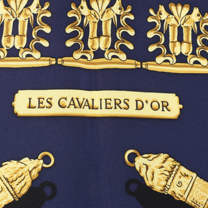 Hermès Carré 90 "LES CAVALIERS D'OR" 100% Silk Scarf in Navy Blue
