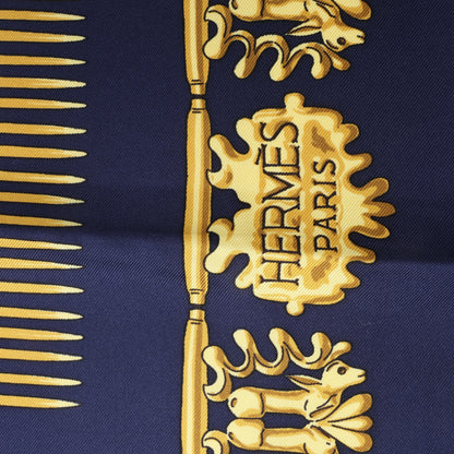 Hermès Carré 90 "LES CAVALIERS D'OR" 100% Silk Scarf in Navy Blue