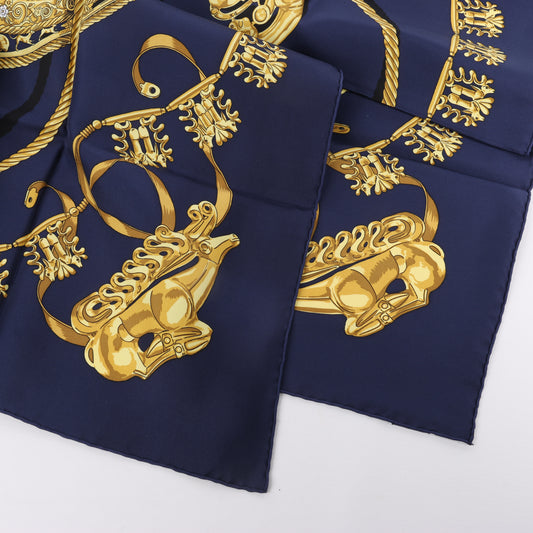 Hermès Carré 90 "LES CAVALIERS D'OR" 100% Silk Scarf in Navy Blue