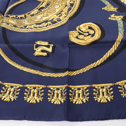 Hermès Carré 90 "LES CAVALIERS D'OR" 100% Silk Scarf in Navy Blue
