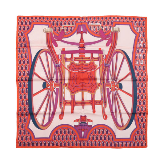 Hermès Carré 90 "LES ROUES DE PHAETON" 100% Silk Scarf in Orange x Pink