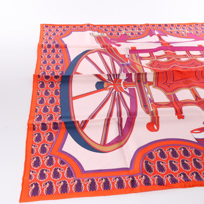 Hermès Carré 90 "LES ROUES DE PHAETON" 100% Silk Scarf in Orange x Pink