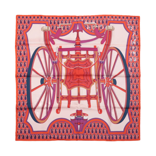 Hermès Carré 90 "LES ROUES DE PHAETON" 100% Silk Scarf in Orange x Pink