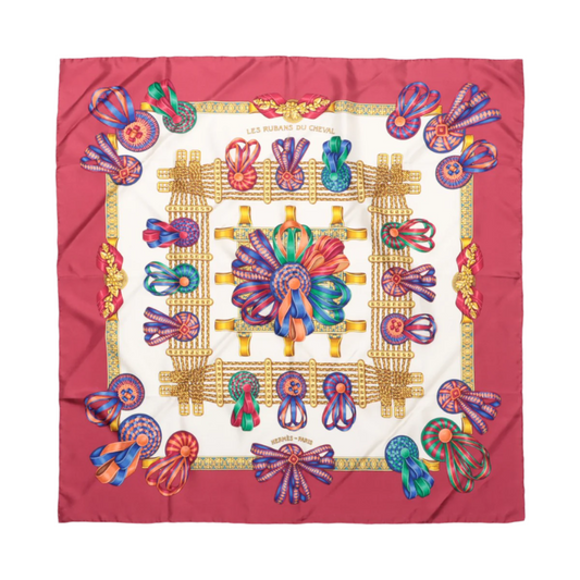 Hermès Carré 90 "LES RUBANS DU CHEVAL" 100% Silk Scarf in Burgundy