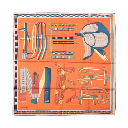 Hermès Carré 90 „LETTRES EQUESTRES“ Schal aus 100 % Seide in Orange