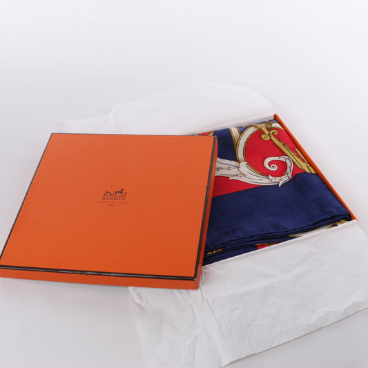 Hermès Carré 90 " L’INSTRVCTION DV ROY" 100% Silk Scarf in Navy x Red