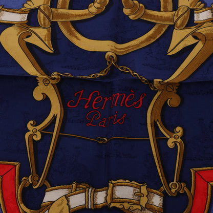 Hermès Carré 90 " L’INSTRVCTION DV ROY" 100% Silk Scarf in Navy x Red