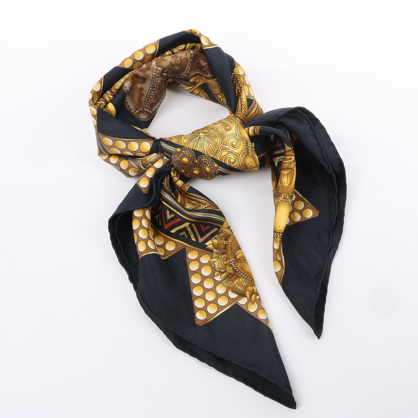 Hermès Carré 90 "L'OR DES CHEFS" 100% Silk Scarf in Black