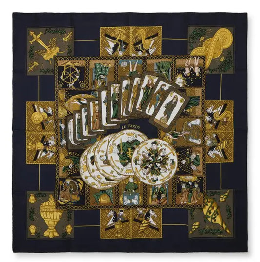 Hermès Carré 90 "Le Tarot" 100% Silk Scarf in Black x Gold