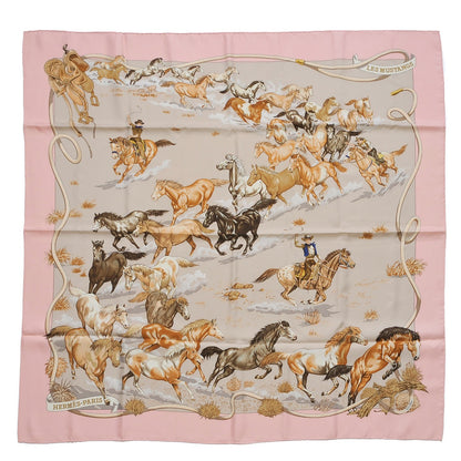 Hermès Carré 90 "Les Mustangs" 100% Silk Scarf in Pink