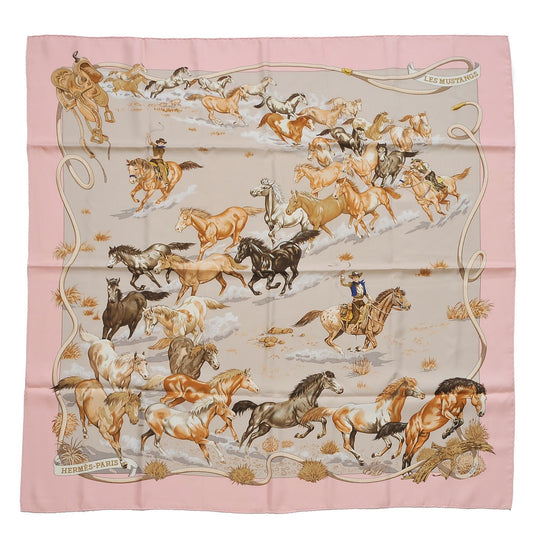 Hermès Carré 90 "Les Mustangs" 100% Silk Scarf in Pink