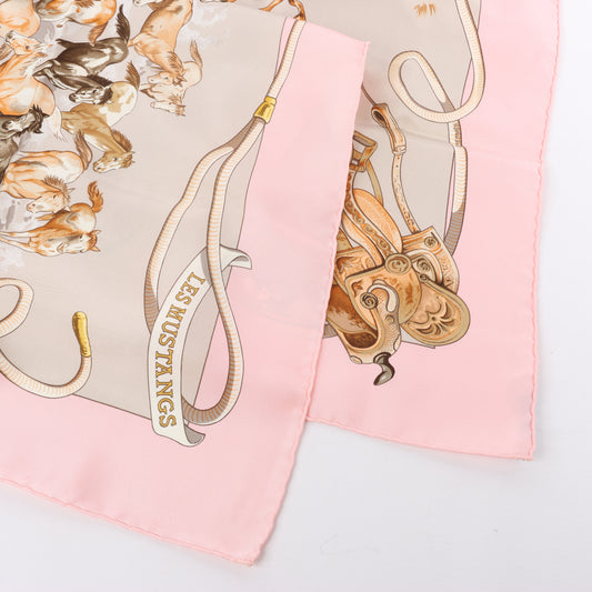 Hermès Carré 90 "Les Mustangs" 100% Silk Scarf in Pink