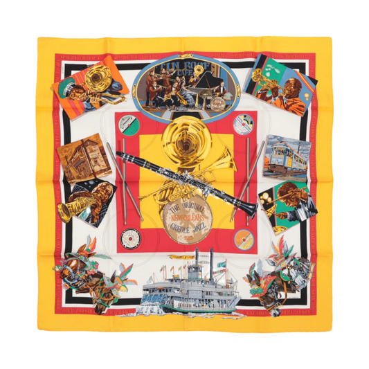 Hermès Carré 90 "New Orleans Creole Jazz" 100% Silk Scarf in Orange