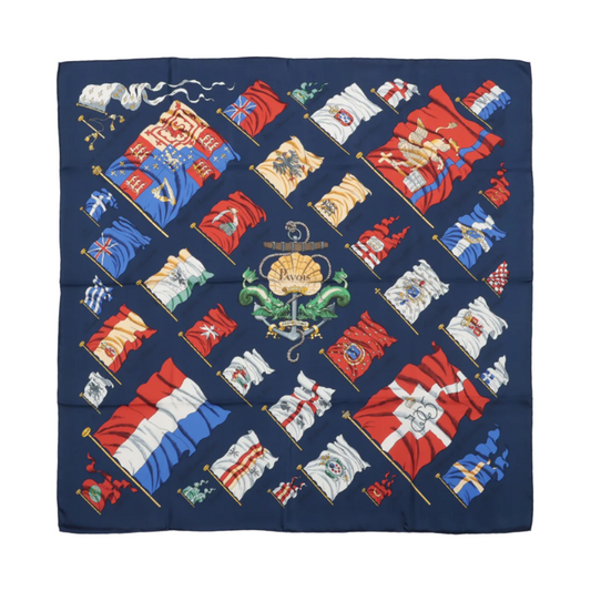 Hermès Carré 90 "PAVOIS" 100% Silk Scarf in Navy Blue