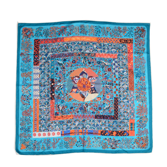 Hermès Carré 90 "Pique Fleuri de Provence" 100% Silk Scarf in Blue