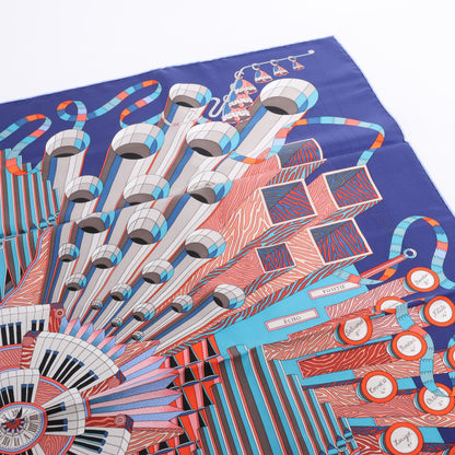 Hermès Carré  90 "Point D'ORGUE Fermata" 100% Silk Scarf in Blue