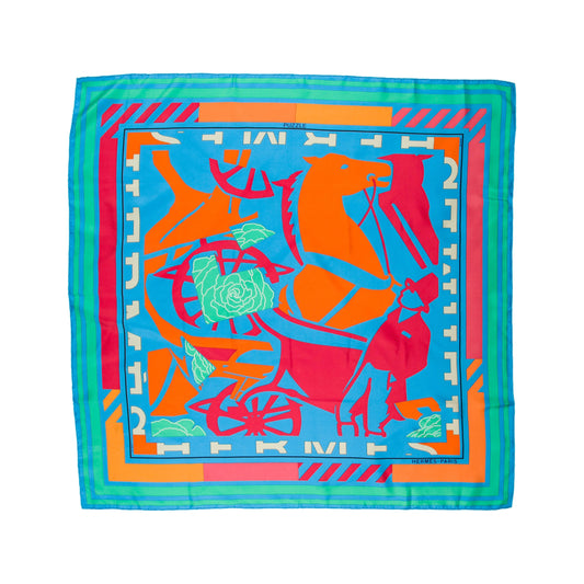 Hermès Carré 90 "Puzzle" 100% Silk Scarf in Blue