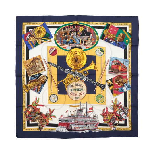 Hermès Carré 90 „THE ORIGINAL NEW ORLEANS CREOLE JAZZ 1923“ Schal aus 100 % Seide in Marineblau