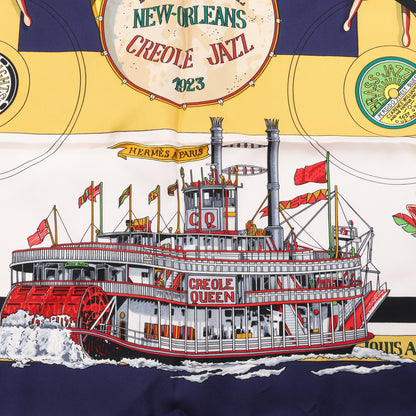 Hermès Carré 90 „THE ORIGINAL NEW ORLEANS CREOLE JAZZ 1923“ Schal aus 100 % Seide in Marineblau