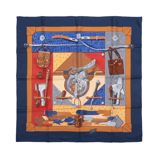 Hermès Carré 90 „TOUT CUIR“ Schal aus 100 % Seide in Marineblau
