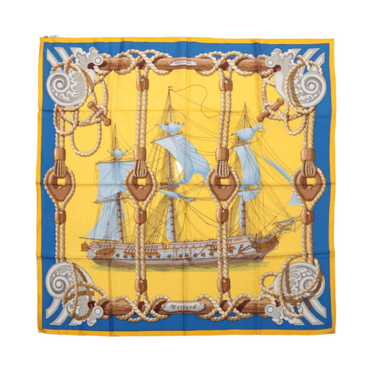 Hermès Carré 90 "Tribord" 100% Silk Scarf in Yellow and Blue