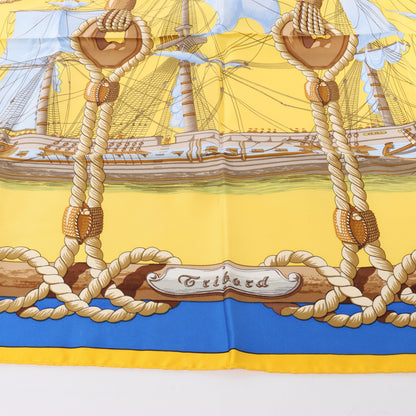 Hermès Carré 90 "Tribord" 100% Silk Scarf in Yellow and Blue