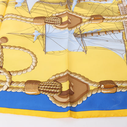 Hermès Carré 90 "Tribord" 100% Silk Scarf in Yellow and Blue
