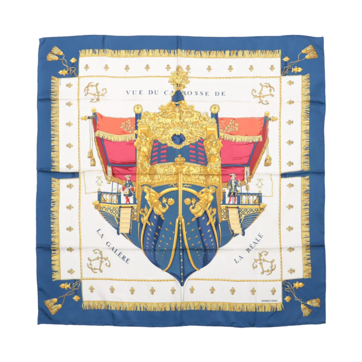 Hermès Carré 90 "Vue du Carrosse de la Galère La Réale" Mouchoir en soie bleu marine