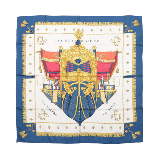 Hermès Carré 90 "VUE DU CARROSSE DE LA GALERE LA REALE" 100% Silk Scarf in Navy Blue