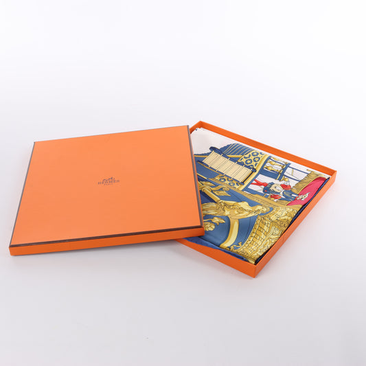 Hermès Carré 90 "VUE DU CARROSSE DE LA GALERE LA REALE" 100% Silk Scarf in Navy Blue
