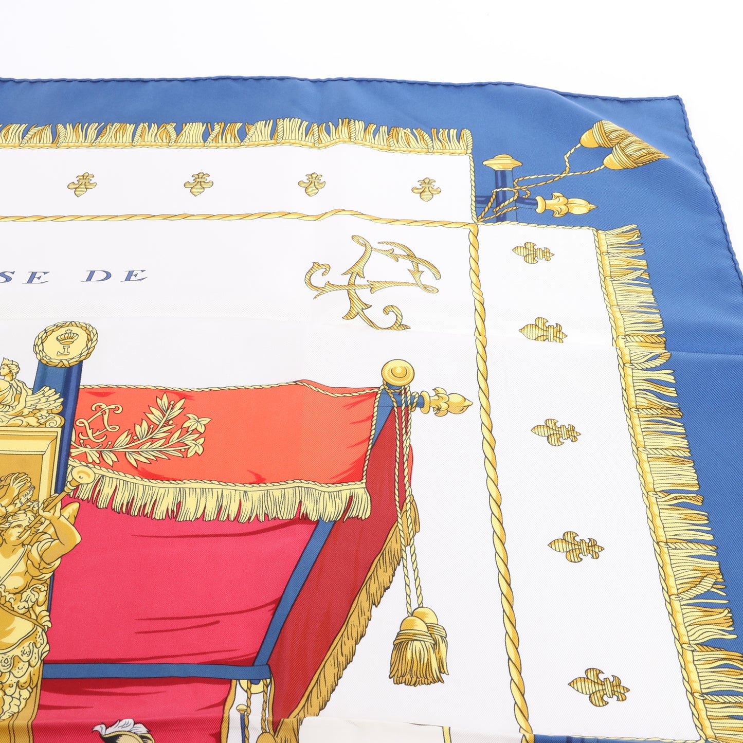 Hermès Carré 90 "Vue du Carrosse de la Galère La Réale" Mouchoir en soie bleu marine