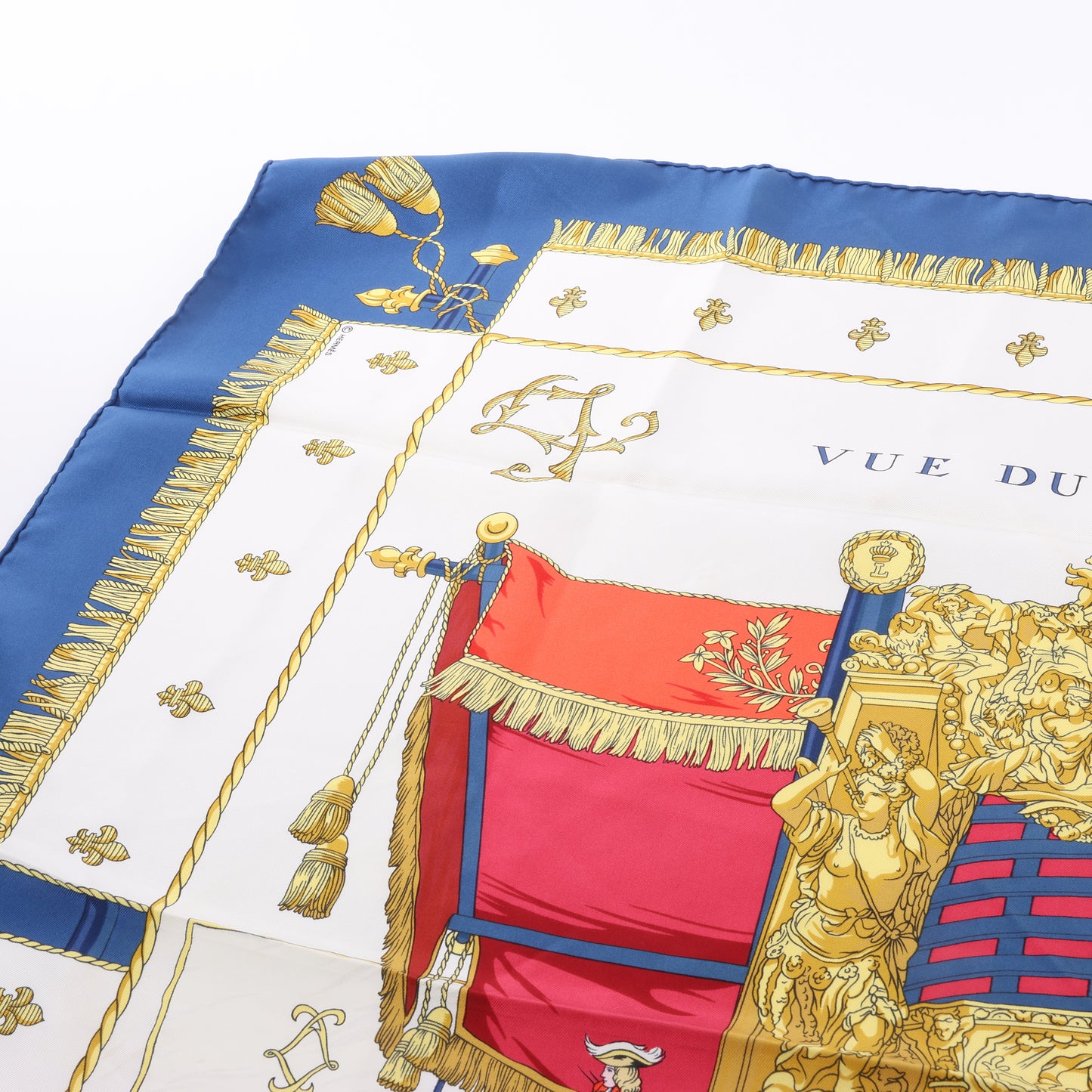 Hermès Carré 90 "Vue du Carrosse de la Galère La Réale" Mouchoir en soie bleu marine