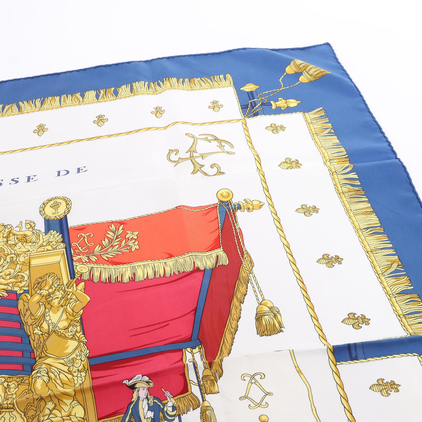 Hermès Carré 90 "Vue du Carrosse de la Galère La Réale" Mouchoir en soie bleu marine