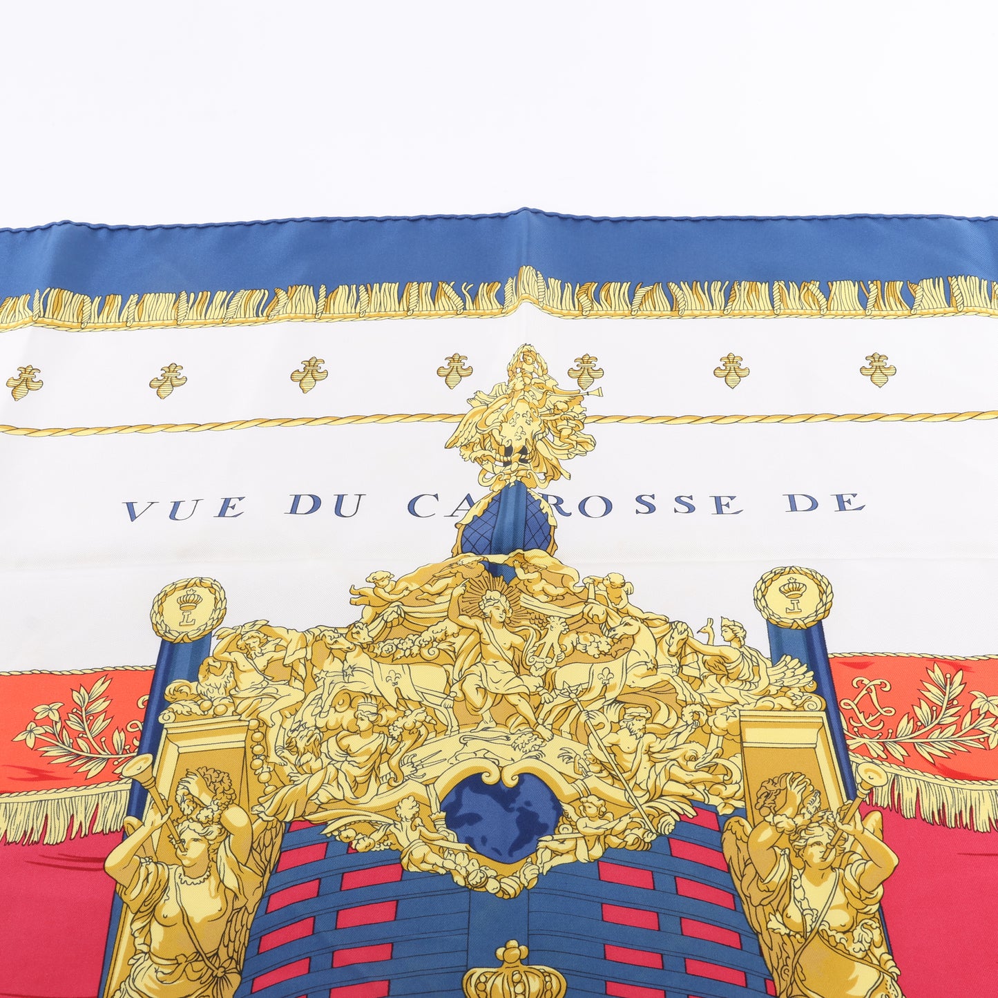 Hermès Carré 90 "Vue du Carrosse de la Galère La Réale" Mouchoir en soie bleu marine