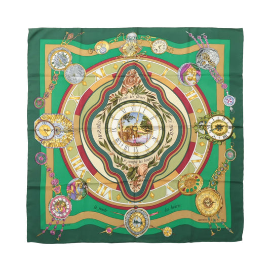Hermès Carré 90 "La Ronde Des Heures" 100% Silk Scarf in Green