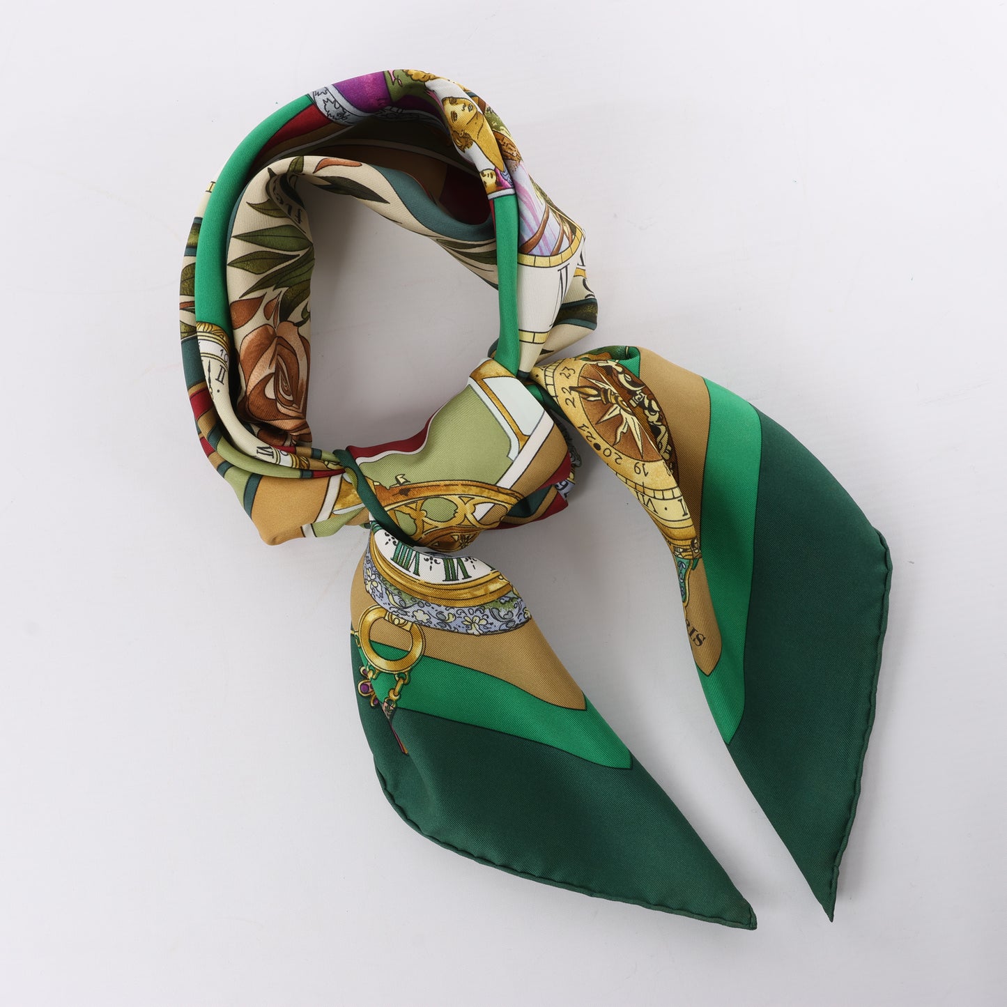Hermès Carré 90 "La Ronde Des Heures" 100% Silk Scarf in Green