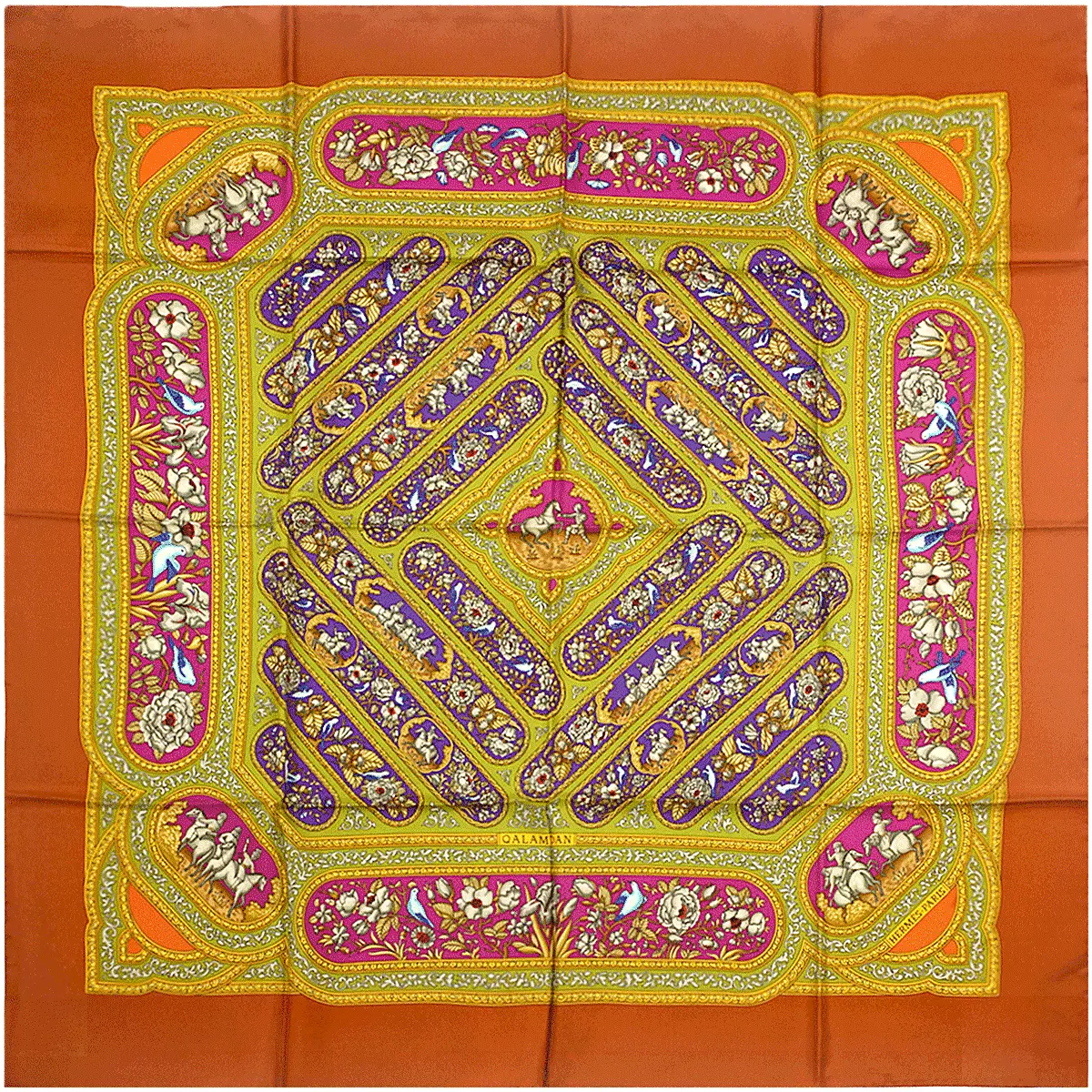 Hermès Carré 90 "QALAMDAN" 100% Silk Scarf in Orange