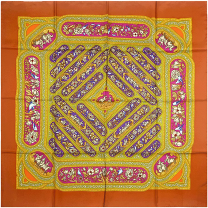Hermès Carré 90 "QALAMDAN" 100% Silk Scarf in Orange