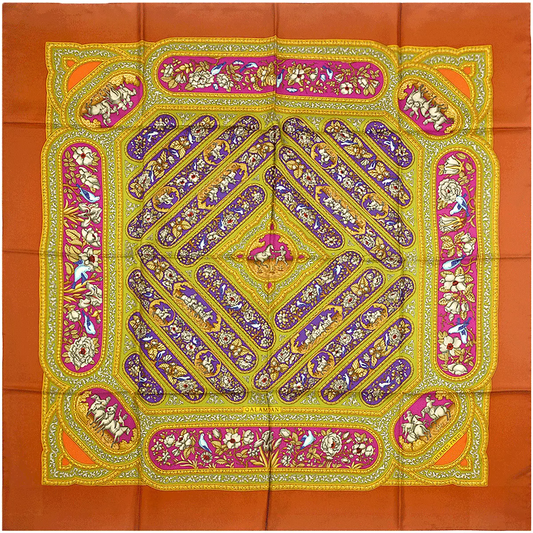 Hermès Carré 90 "QALAMDAN" 100% Silk Scarf in Orange