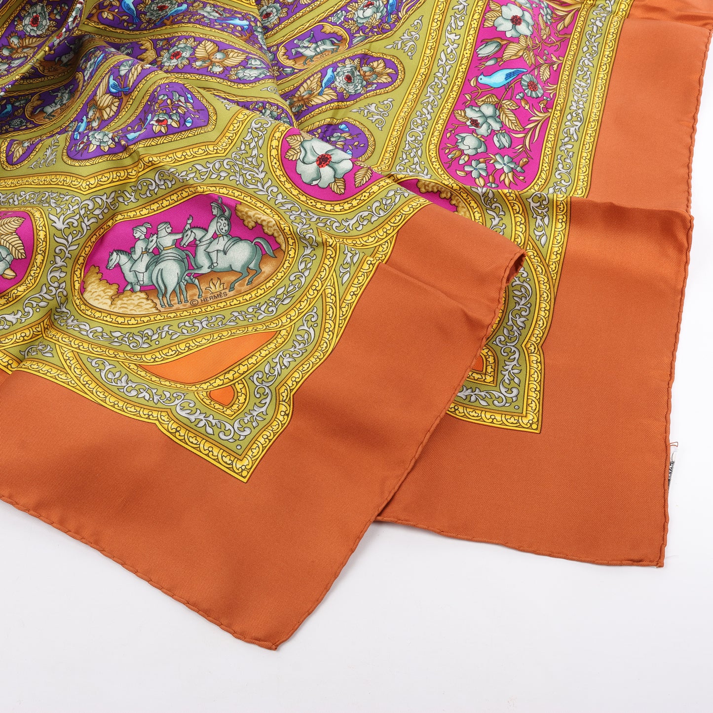 Hermès Carré 90 "QALAMDAN" 100% Silk Scarf in Orange