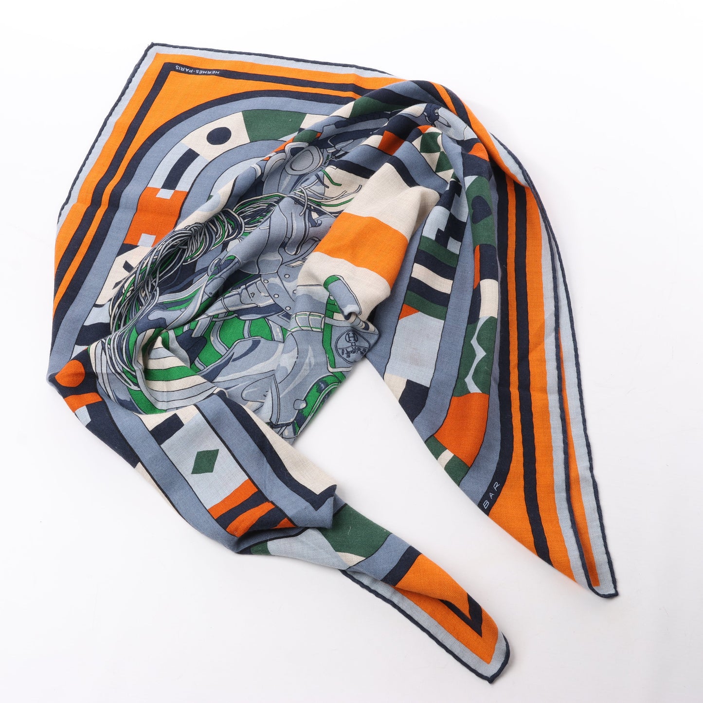 Hermès Carré 100 „ROBOCABAR“ Kaschmir- und Seidenschal in Blau x Orange