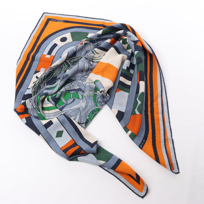 Hermès Carré 100 „ROBOCABAR“ Kaschmir- und Seidenschal in Blau x Orange