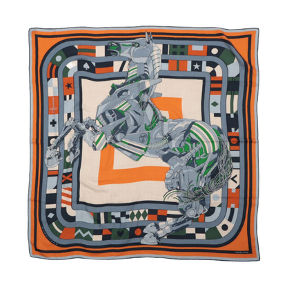 Hermès Carré 100 „ROBOCABAR“ Kaschmir- und Seidenschal in Blau x Orange