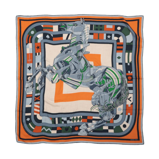Hermès Carré 100 „ROBOCABAR“ Kaschmir- und Seidenschal in Blau x Orange