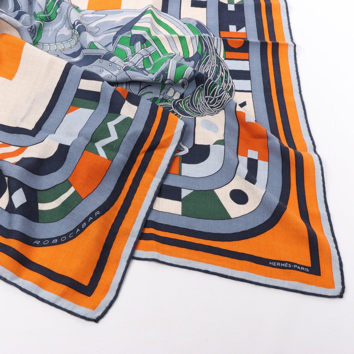 Hermès Carré 100 „ROBOCABAR“ Kaschmir- und Seidenschal in Blau x Orange