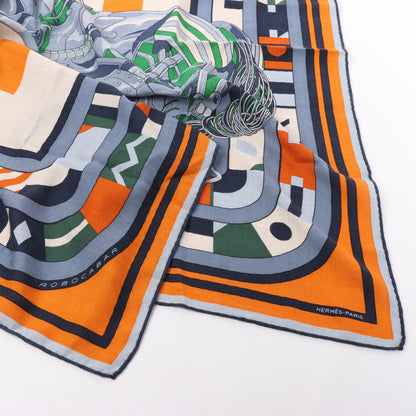 Hermès Carré 100 „ROBOCABAR“ Kaschmir- und Seidenschal in Blau x Orange
