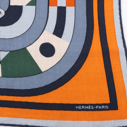 Hermès Carré 100 „ROBOCABAR“ Kaschmir- und Seidenschal in Blau x Orange