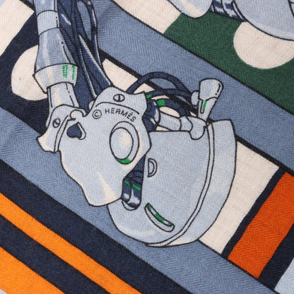 Hermès Carré 100 „ROBOCABAR“ Kaschmir- und Seidenschal in Blau x Orange